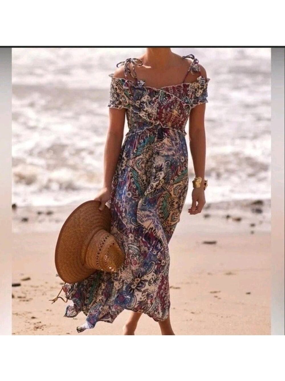 Anthropologie Smocked Boho Midi Dress XS Petite Multicolor Cotton Boho Beach
